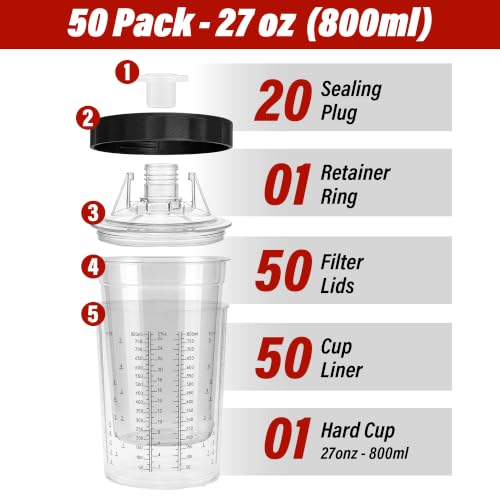 LAUCO Disposable Spray Gun Paint Cups Kit – 50 Pack Liners & Lids with 125 Micron Strainer, Hard Cup, Retainer Ring & Plugs (800ml / 27oz) 25985 - size: 800ml / 27oz