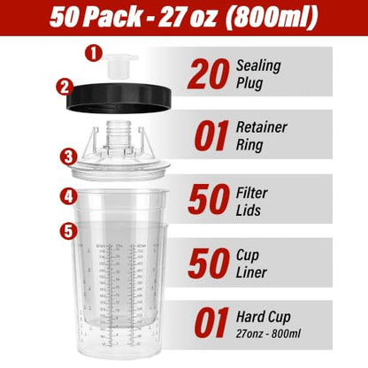 LAUCO Disposable Spray Gun Paint Cups Kit – 50 Pack Liners & Lids with 125 Micron Strainer, Hard Cup, Retainer Ring & Plugs (800ml / 27oz) 25985 - size: 800ml / 27oz