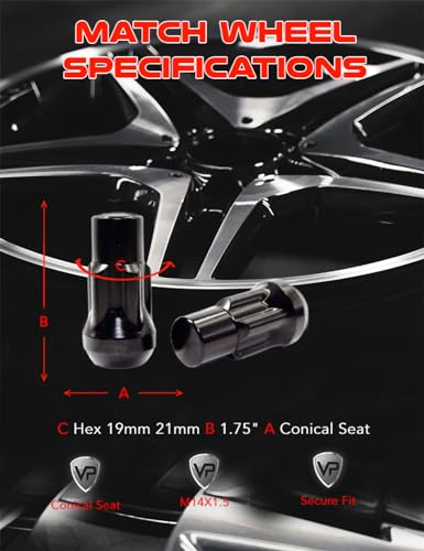 Set of 4 14x1.5 Veritek Black Acorn Bulge Tuner 1.75 Inch Security Wheel Locks for Buick Cadillac Chevy Ford GMC Jeep Nissan Toyota Aftermarket Custom Wheels SUV Truck