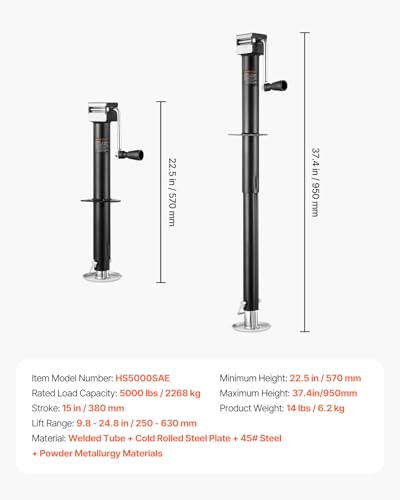 VEVOR 5000 lbs A-Frame Trailer Jack, 15" Vertical Travel, Adjustable Drop Leg, for Horse, Utility, Yacht Trailers - size: 5000 lbs (15 inch Stroke)