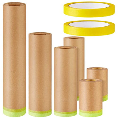 Leinuosen 8 Rolls Masking Tape Sets Includes 6 Assorted Sizes Paint Masking Paper and 2 Vehicles Auto Body Paint Tape Yellow Adhesive Painter Automotive for Car, Furniture, Floor