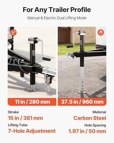 VEVOR 5000 lbs A-Frame Trailer Jack, 15-Inch Vertical Travel, Trailer Lift Jack with Adjustable 7-Level Drop Leg & Drill Socket, Cordless Drill Compatible, Suitable for RV, Utility, Yacht Trailers - size: 5000 lbs (25 inch Stroke)