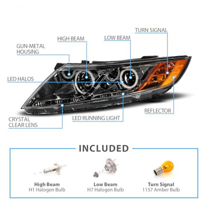 AmeriLite for 2011-2015 Kia Optima Halogen Model Xtreme LED Halos Gun-Metal Replacement Projector Headlights Set - Driver and Passenger Side - color: Gun Metal