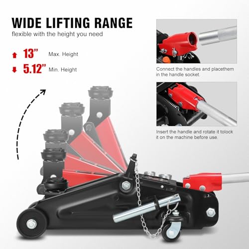 DNA Motoring Floor Jack with Socket and Lock, Low Profile Hydraulic Trolley Jack for Cars Lift, 2 Ton (4000 lbs) Capacity, Lifting Range 5.12"-13", Red, TOOLS-00677-RD - color: Red, style: 2 ton(w/ socket & losck)