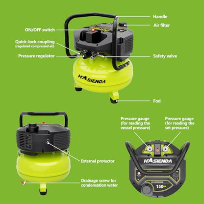 6 Gallon Portable Air Compressor, 150 PSI Max, Oil-Free Pancake Compressor for Garage & Home, with a Long-Life Brushless Motor for Tire Inflation, Nailing, and Painting (Speed Square Bundle) - style: QA1-6G+speed square