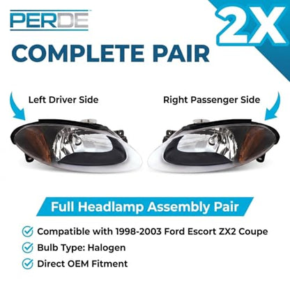 PERDE Headlights Compatible with 1998-2003 Ford Escort ZX2 Coupe Black Housing Headlamps Set Right Passenger And Left Driver Set
