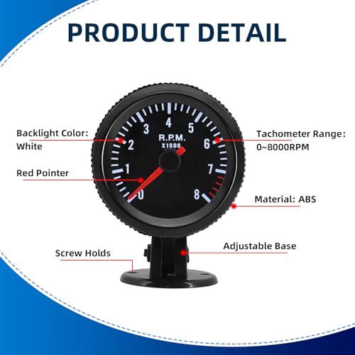 MH 2-1/6 inch (52mm) Tachometer 8000 RPM Gauge with Holder White Backlight Tach for 12V AUTO