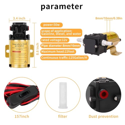 12V Electric Fuel Transfer Pump 120 GPH Gasoline Pump With 13FT Cigarette Lighter Plug Alligator Clips, Explosion-Proof Design Suitable For Vehicles, Boats,Equipment,Gasoline, Diesel, Water