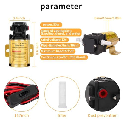 12V Electric Fuel Transfer Pump 120 GPH Gasoline Pump With 13FT Cigarette Lighter Plug Alligator Clips, Explosion-Proof Design Suitable For Vehicles, Boats,Equipment,Gasoline, Diesel, Water