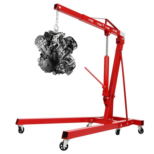 2 Ton Folding Hydraulic Engine Hoist Crane Hoist Lift, Cherry Picker Shop Crane Hoist Lift, 4409lb Engine Hoist, Heavy Duty Folding Shop Crane with 6 Casters (Sent in 2 Packages, Red)