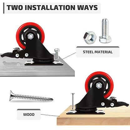 Nefish Casters Wheels Set of 4, 3 Inch Heavy Duty Caster with Brake 1200 Lbs, Safety Dual Locking Plate Castors, Top Swivel Wheels, No Noise Polyurethane for Furniture, Dollies, Trolleys - size: 3 IN