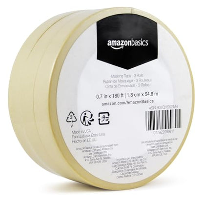 Amazon Basics Low Tack Masking Tape, General Purpose, Hand Tearable, Removes Easily, for Labeling, 0.7 inch x 180 feet, Beige, 3-Pack - size: 0.7 Inch by 180 Feet