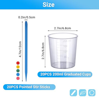 Gartful Resin Mixing Cups and Sticks, 70 Packs Epoxy Measuring Cups Kit - 20PCS 200ml Disposable Graduated Cups, 50PCS Pointed Stir Sticks for Mixing Paint, Stain, Epoxy, Resin - color: Clear cups+point stick, size: 200ml
