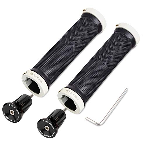 TOPCABIN Double Lock Bicycle Handlebar Grips - Rubber Comfortable BMX Mountain Bike Grips - color: (Aluminum lock plug+Grips) White 1 Pair