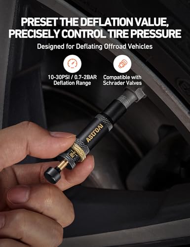 AstroAI Tire Deflator Kit 4-Pack, Automatic Anti-Corrosive Screw-On Air Down Tool Adjustable 10-30 PSI for Off-Road Vehicle SUV 4x4, Includes 4 Valve Caps Zipper Closure Bag