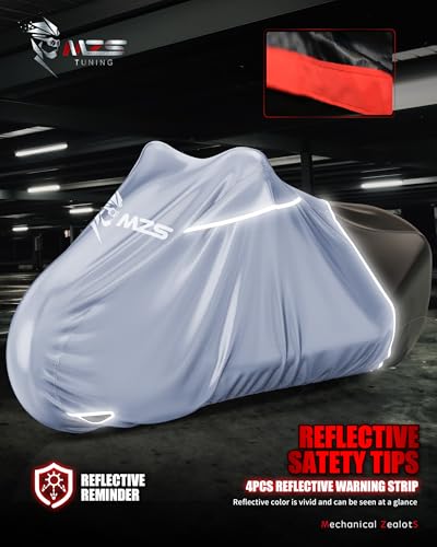 MZS Motorcycle Cover Waterproof Outdoor, Heavy Duty All Season Weather Protection with Cotton Lining Vents Night Reflective Lock Holes Storage Bag fits up to 96" Motorcycle Powersports Vehicle Cover - size: X-Large 96 inches