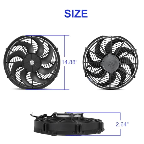 Universal 14-Inch Slim Electric Radiator Cooling Fan Kit – 12V 90W Push/Pull with Thermostat, Relay, Wiring Harness & Mounting Kit, Universal Fit – Black - size: 14 inch