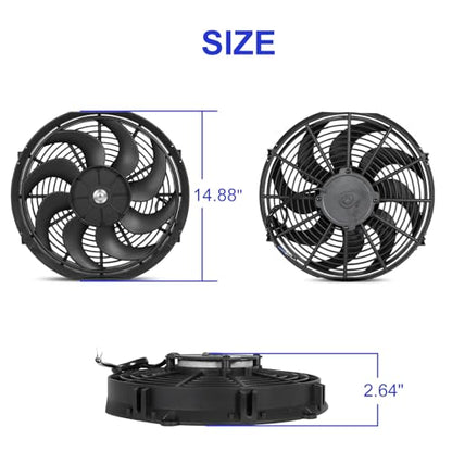 Universal 14 Inch Black Slim Radiator Cooling Fan 12V 90W Push Pull with Mount Kit – Fits Radiators for Vehicles, Cars, Trucks - size: 14 inch
