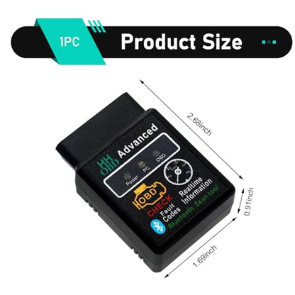 Car Bluetooth OBD2 Diagnostic Tool, ELM327 Engine Fault Code Reader and Clearing Tool, Anti-interference Real-time Data Scanner, Plug and Play Device for Most Phone Systems (Black)