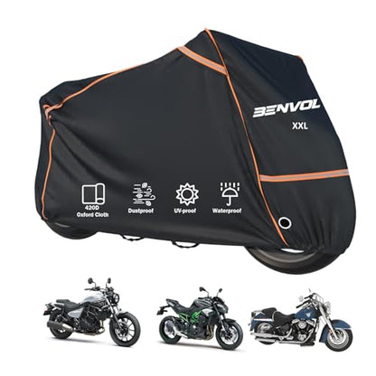 BENVOL 420D Heavy Duty Motorcycle Cover Waterproof Outdoor, 5000mm Rainproof Material Motorbike Cover with 2 Windproof Buckles, Lock Holes & Wide Reflective Strips, Anti-UV Sun Dust Protection - color: Black-XXL(96.5*41*51)
