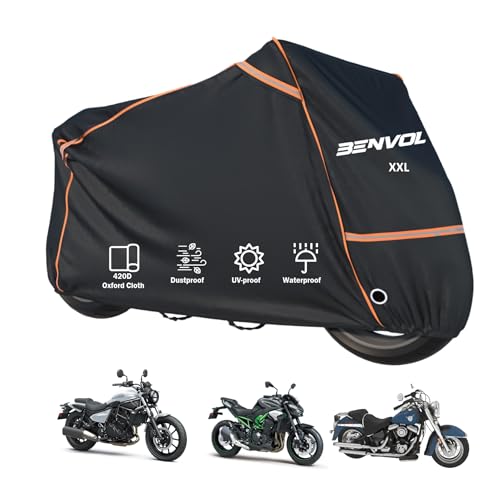 BENVOL 420D Heavy Duty Motorcycle Cover Waterproof Outdoor, 5000mm Rainproof Material Motorbike Cover with 2 Windproof Buckles, Lock Holes & Wide Reflective Strips, Anti-UV Sun Dust Protection - color: Black-XXL(96.5*41*51)