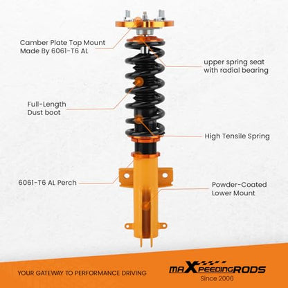 maXpeedingrods Coilovers for Ford Mustang 2005-2014, 24 Levels Damping Adjustable Coilovers Suspension Kit, Height Adjustable Shock Absorber Struts, Coilover Lowering Kit, Gold - color: Gold