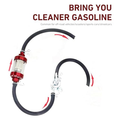 WZP Car Fuel Filter, Detachable Washable Alloy Filter Oil Cup, Transparent Tempered Glass Visible Oil Level Vehicle Inline Fuel Filters, Universal for Truck Motorcycle SUV (Red)