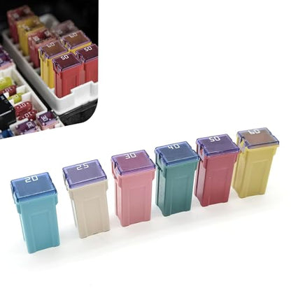 6 PCS Car Fuse Combination Set, 20A 25A 30A 40A 50A 60A Fuses Automotive Kit, 1.06" x 0.47" x 0.39" Square Blade Fuse Replacement, Universal for Cars (Multicolored)
