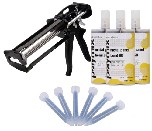 Polymix Metal Panel Bond 60 Adhesive Kit – 3 x 200ml Cartridges, 6 Mixing Tips & 200ml Dispensing Gun – Automotive Panel Bonding, High Strength Structural Adhesive