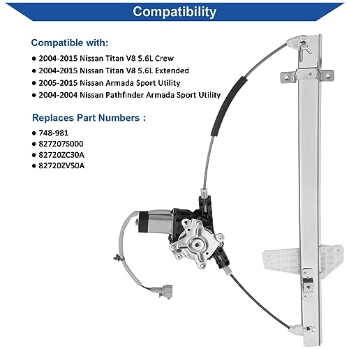 Obaee 748-981 Rear Right Passenger Side Power Window Motor and Regulator Assembly Compatible with Nissan Armada 2005-2015/ Nissan Titan 2004-2015/ Nissan Pathfinder Armada 2004, Replace OE 827207S000 - size: Rear Right Passenger Side