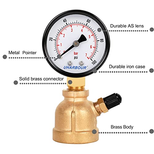 Uharbour 100psi Brass Gas Line Pressure Tester, 3/4" FNPT - size: 100Psi Brass gas pressure tester