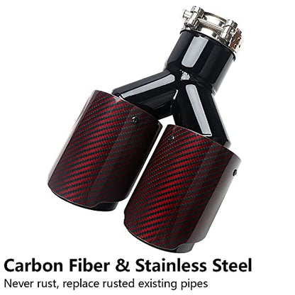 A-KARCK Carbon Fiber Exhaust Tip 2.5" Inlet to Dual 3.5" Outlet, High Temperature Resistance 9.8" Long Stainless Steel Tailpipe tip (Black Pipe and Red Shell) - style: Black & Red Shell