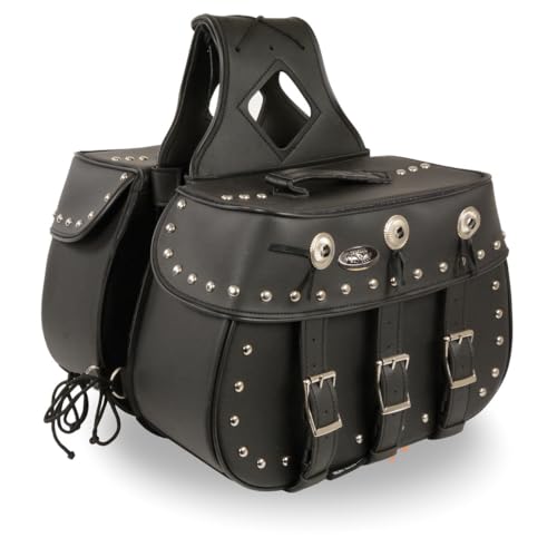 Motorcycle Genuine Leather Waterproof Saddlebag Luggage with Gun Holster inside Brown & Blk Stud/Non Stud (Black With Conchos Non Leather, Studed Non Leather) - color: Black With Conchos Non Leather, style: Studed Non Leather