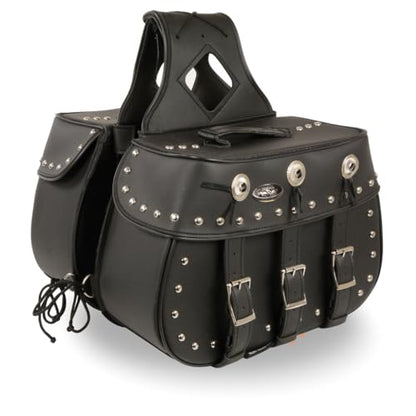 Motorcycle Genuine Leather Waterproof Saddlebag Luggage with Gun Holster inside Brown & Blk Stud/Non Stud (Black With Conchos Non Leather, Studed Non Leather) - color: Black With Conchos Non Leather, style: Studed Non Leather