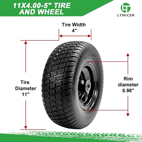 11x4.00-5 Flat Free Lawn Mower Tires and Wheel,Zero Turn Lawn Mower Replacement Tires,11x4-5 Solid Tractor Turf Tire with 3.4" Centered Hub, 3/4" & 5/8" & 1/2" Bushings (2-Pack) - size: 11x4-5 Flat Free Tire(Black Rim)