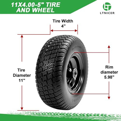 11x4.00-5 Flat Free Lawn Mower Tires and Wheel,Zero Turn Lawn Mower Replacement Tires,11x4-5 Solid Tractor Turf Tire with 3.4" Centered Hub, 3/4" & 5/8" & 1/2" Bushings (2-Pack) - size: 11x4-5 Flat Free Tire(Black Rim)