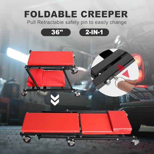 Torin 36" Rolling Foldable Car Creeper Automotive Creeper, 2-in-1 Garage Shop Creeper for Auto Repair, 300 Lbs Capacity, Red,TAM6505RB - style: Red Foldable Creeper