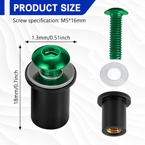 10PCS Motorcycle Windshield Bolts Screws Kit, Windshield Bolt, Windscreen Body Mounting Bolts Nuts Washers with Wrench, Aluminum Alloy Motorbike Windscreen Body Fasteners for Cars (Green) - color: Green