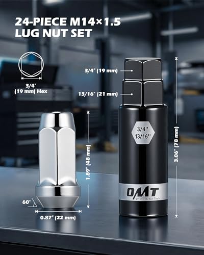 OMT M14x1.5 Lug Nuts with Cone Seat, 24pcs Lug Nuts Set with 1 Socket Key - color: Silver, size: M14x1.5, style: 24Pcs Hex Tuner