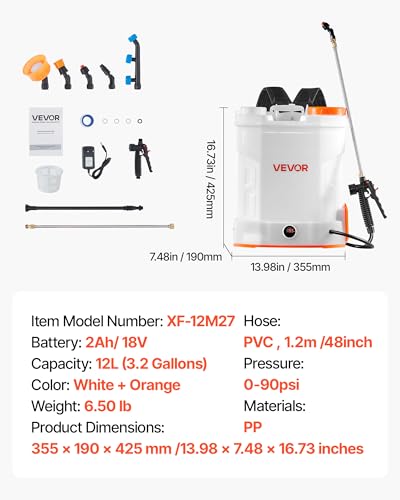 VEVOR Battery Powered Backpack Sprayer 3.2 Gal, Powerful Electric Sprayer, Weed Sprayer for Garden and Lawn, Adjustable 0-90 PSI, 2 Retractable Wands & 5 Nozzles, Yard Sprayer - size: 3.2 Gal