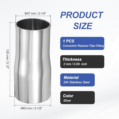 PATIKIL Concentric Reducer Pipe Fitting, 2-1/2"(63mm) to 2-1/4"(57mm) OD 304 Stainless Steel Butt Weld Tube Long Reducer Exhaust Pipe for Food Beverage HVAC Plumbing, Silver - size: 2-1/2" to 2-1/4" OD