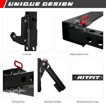 RitFit 2.36'' x 2.36'' Folding Squat Rack for Home Gym, Wall Mounted Squat Rack with Attachments - Space Saving Squat Power Rack - color: Black, style: Folding Squat Rack with Safebar