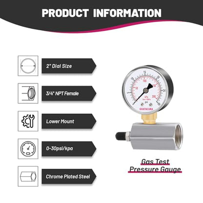 0-100psi/kpa Gas Test Pressure Gauge, 2" Dial Size, 3/4" FNPT Connection, Chrome Plated Steel Body Assembly, 3-2-3% Accuracy - size: 0-100psi, style: Chrome Plated Steel Body