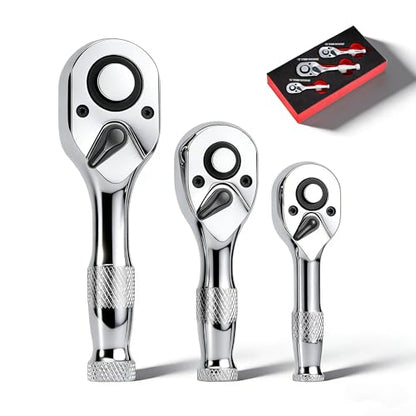 3-Piece Stubby Ratchet Set, 1/4", 3/8", 1/2", 72-Tooth