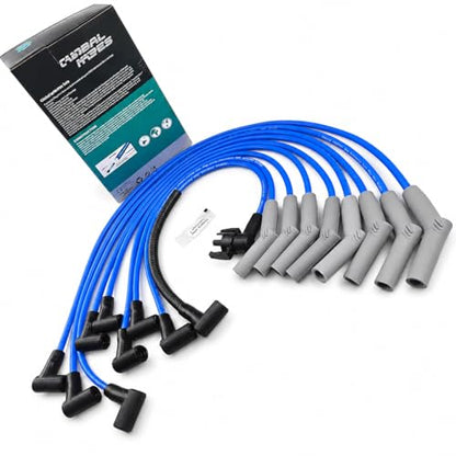Cable Master 8.2mm Spark Plug Wire Set Compatible with Ford 5.8L V8 351W Windsor Bronco F-150 F-250 F-350 E-150 E-250 E-350 Econoline, Button Terminal HEI Coil, Blue