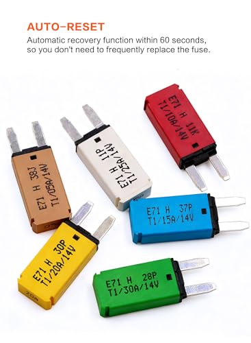 DC 14V 20Amp Auto Reset Plug-in Fuse ATM Mini Circuit Breaker Blade Fuses Assortment Kit for Boat Marine RV Yacht Battery Trailer Bus Truck (10pcs) ﻿