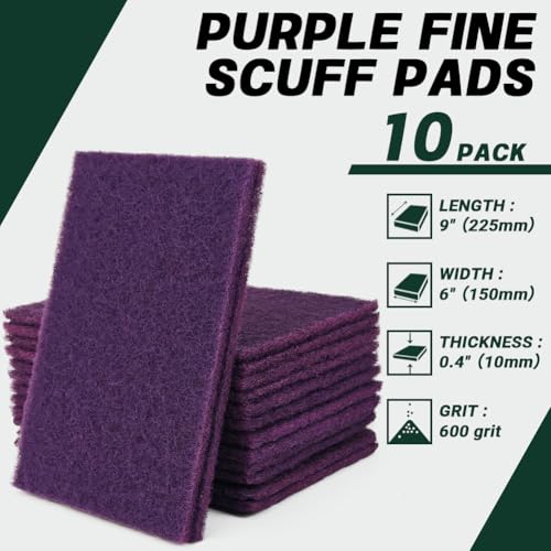 6" x 9" Purple Fine Scuff Pads, 10 Pack – Non-Woven Hand Pads for Fine Sanding, Smoothing, Scouring, Cleaning & Final Paint Surface Prep on Auto Body – Reusable Aluminum Oxide Abrasive Pads - color: Purple