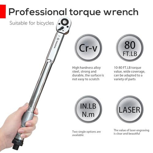 SuZhi 3/8 Inch Drive Click Torque Wrench 10-80 ft.lbs/13.6-108.5 N.m, 14'' Length, High Accuracy for Car & Motorcycle, Spark Plug, Oil Change, Intake Manifold