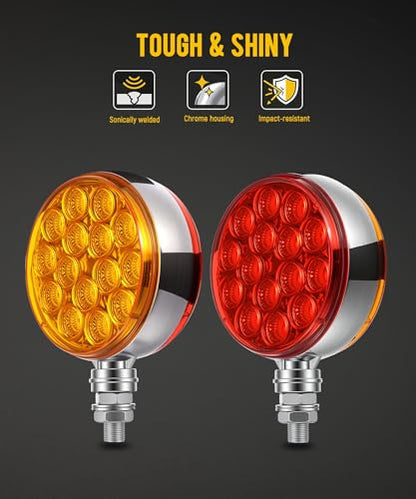 Partsam 2pc 3" Round Double Face Red/Amber 30 LED Pedestal Fender Lights Turn Signal Chrome Miro-reflex Sealed Replacement for Peterbilt/Freightliner/Western Star Trucks Semi Trailers, 10-30V
