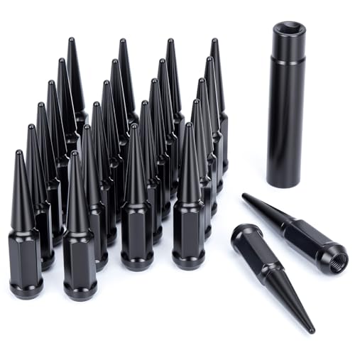 Dynofit 14mmx1.5 Wheel Spike Lug Nuts for Chevy Ford Jeep GMC,24pcs 14x1.5 Spiked Lug Nuts Conical Bullet Seat, One-Piece Design for Tacoma F150 Expedition Ram 1500 Wrangler JL Aftermarket Wheel - color: Black, size: M14x1.5 24 pcs